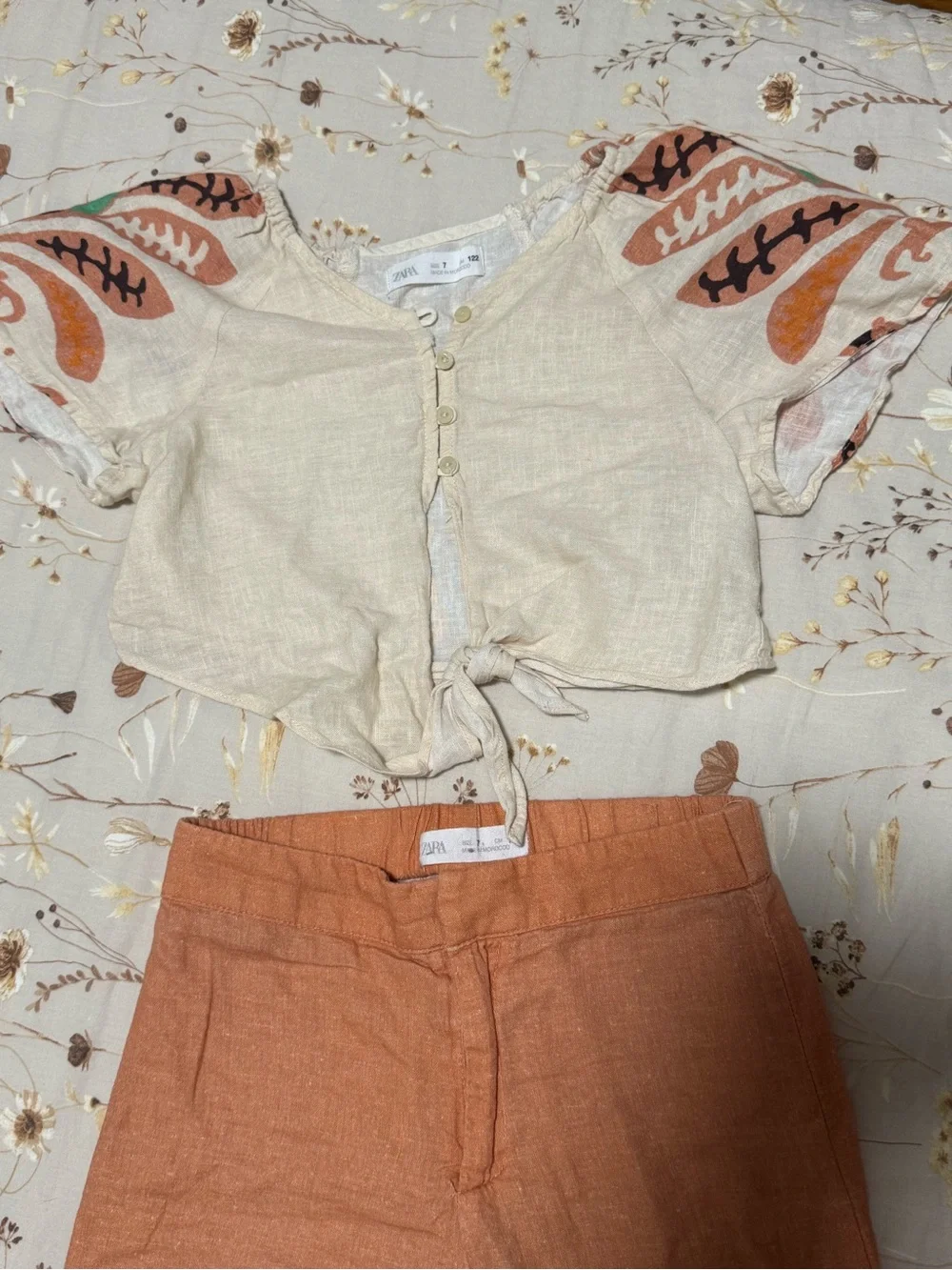Zara Cream Tie-Front Crop Top with Orange and Black Leaf Print
